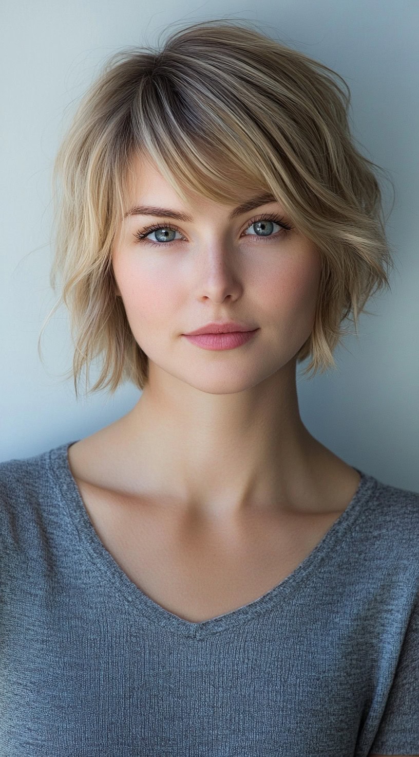 A young woman with a short, wavy blonde bob featuring soft layers and side-swept bangs, wearing a casual gray top.