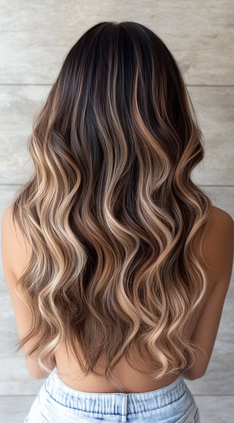 A woman with long wavy hair featuring a smooth blend of dark brown roots transitioning into blonde highlights.