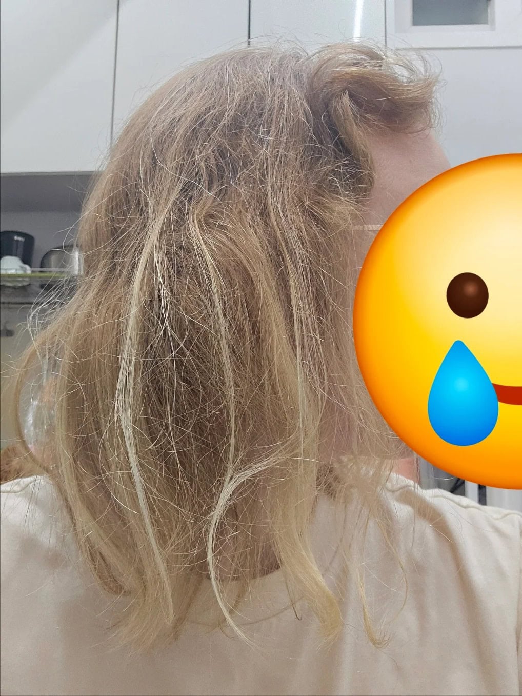 Side view of tangled, dry hair with uneven texture and visible signs of damage.