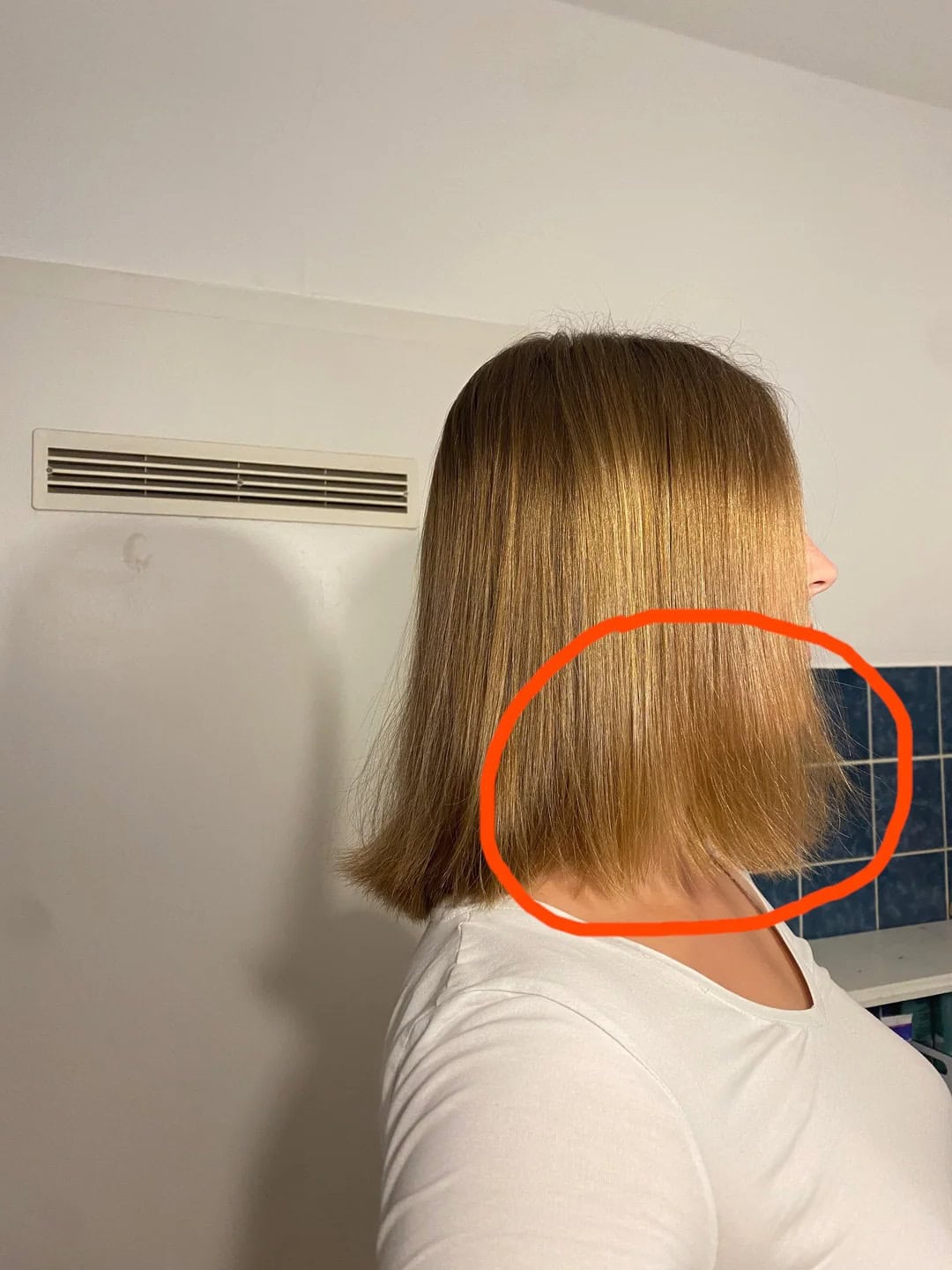 Side view of a blunt bob haircut highlighting uneven and damaged ends on thin hair.