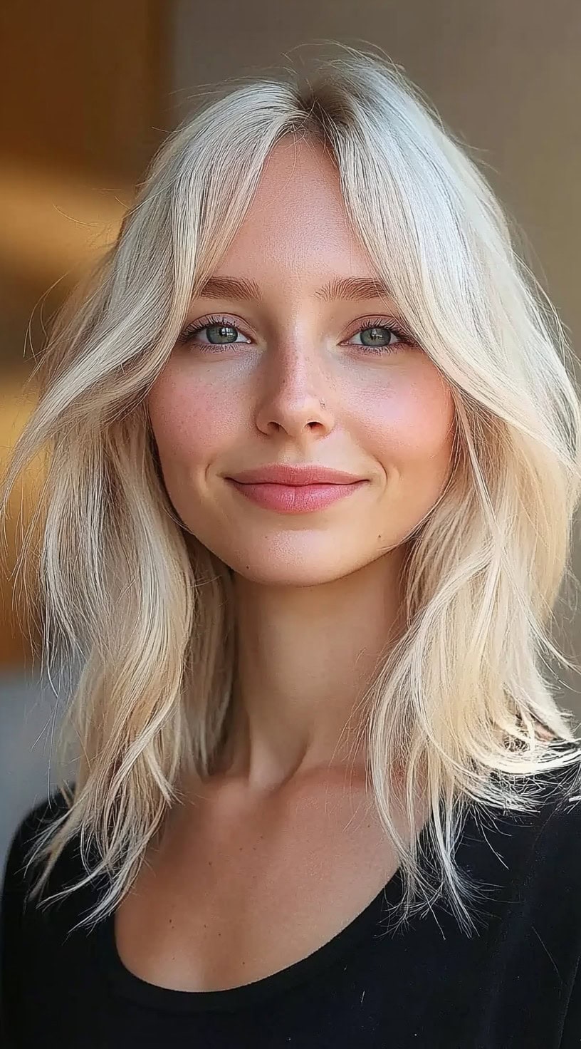 Platinum blonde shoulder-length cut with soft layering and a tousled, flowy finish.