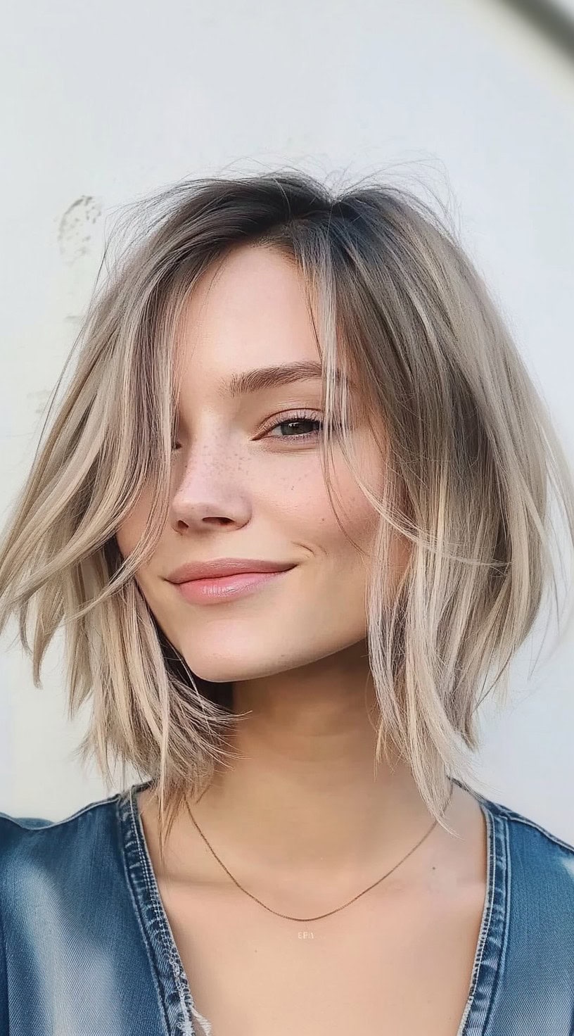 Smiling woman with an airy, tousled bob haircut, featuring face-framing layers and light blonde highlights over a soft brown base.