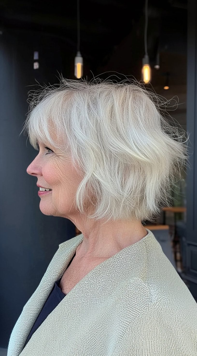 A woman with a softly waved white bob, layered and tousled, with light side bangs brushing across the forehead.