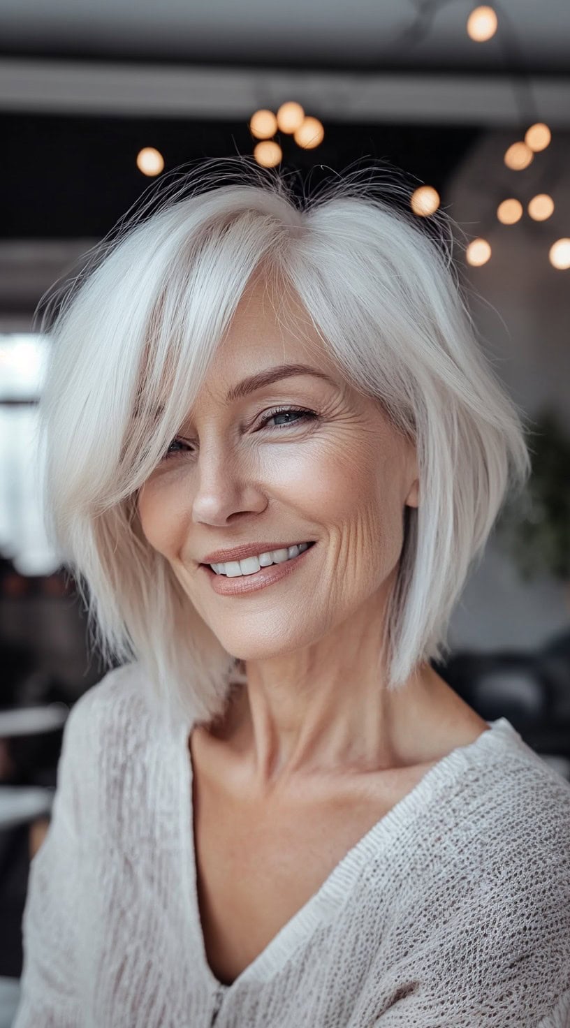 A smiling woman with an angled, chin-length lob in icy white, styled with a deep side part and sweeping fringe.