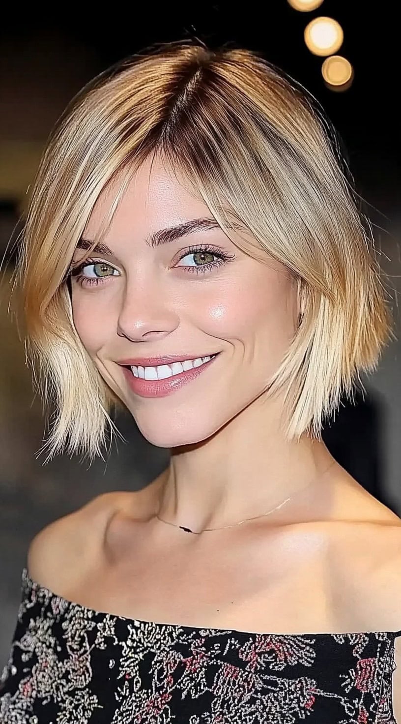 Blonde bob styled with a deep side part and sharp blunt ends, giving a bold, defined finish.