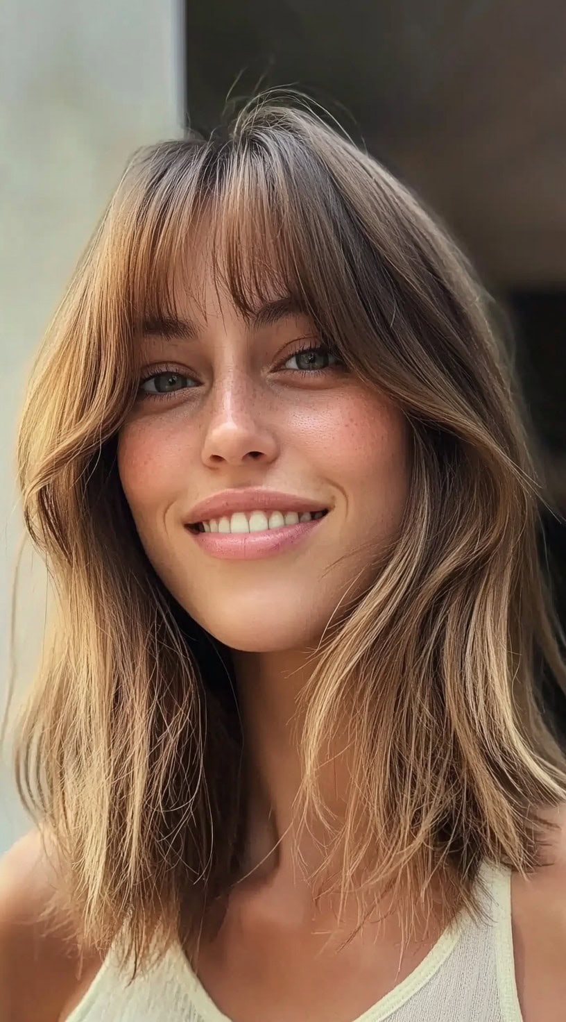Medium-length brunette hair with soft, full bangs and a lightly tousled finish.