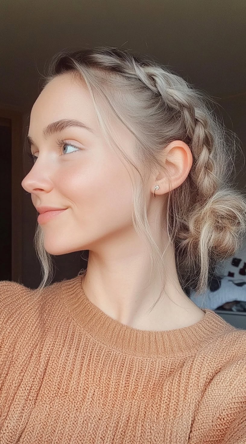 Side profile of a woman with a braid wrapped over the crown and a messy low bun secured at the nape.