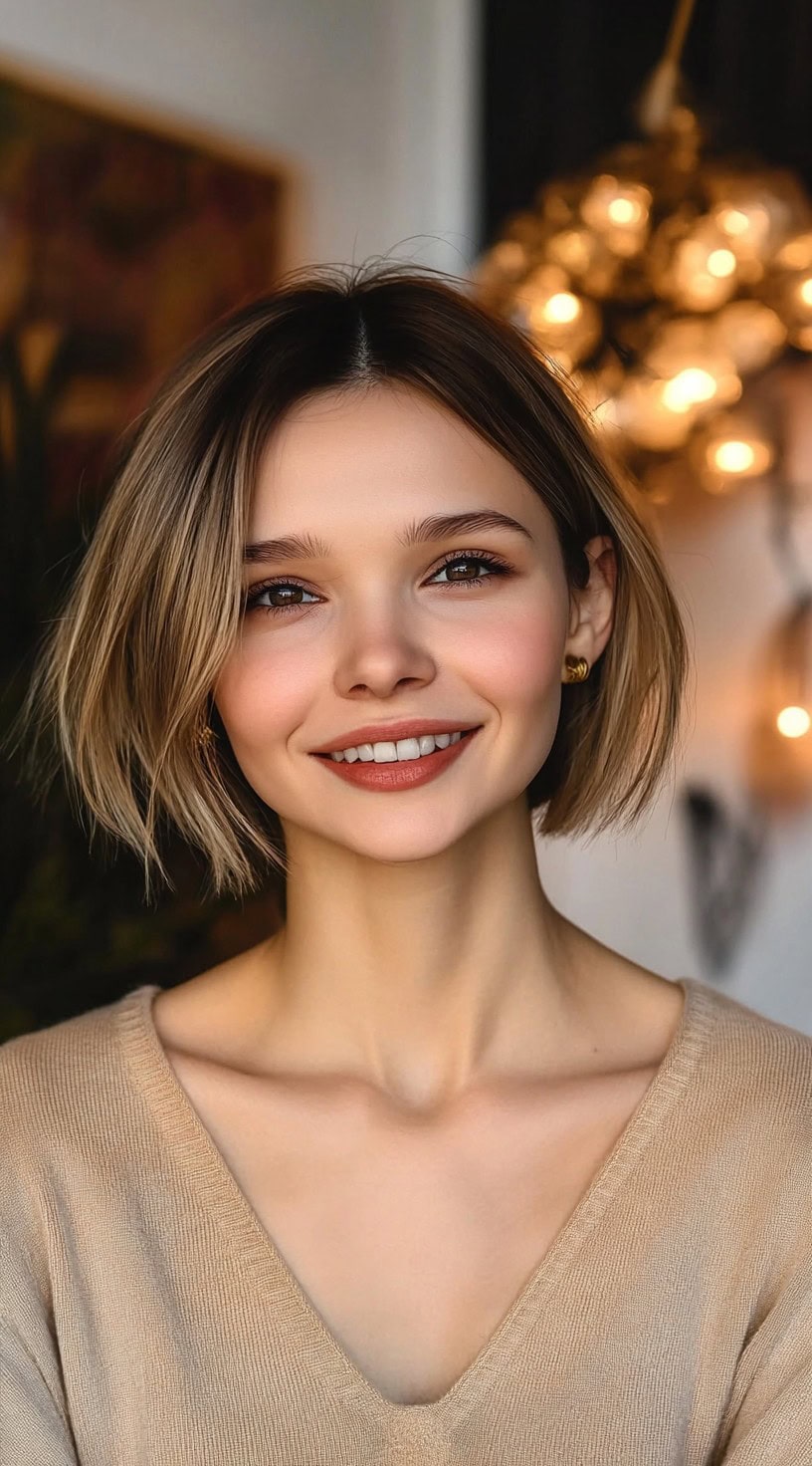 Warm brunette bob styled with light tousled texture and a center part, giving a soft undone look.