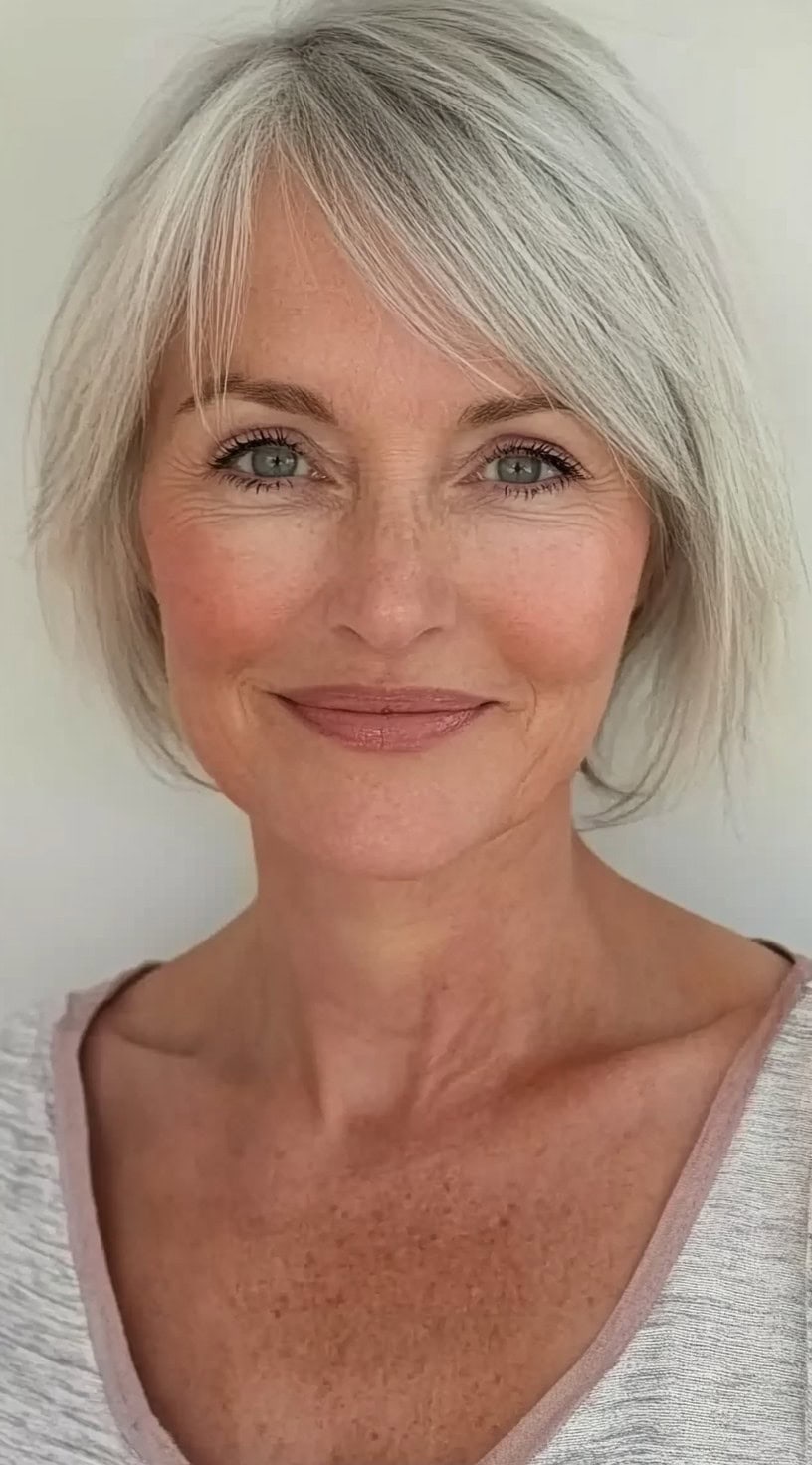 A smiling woman with a chin-length silver bob and a soft feathered fringe that gently parts at the center.