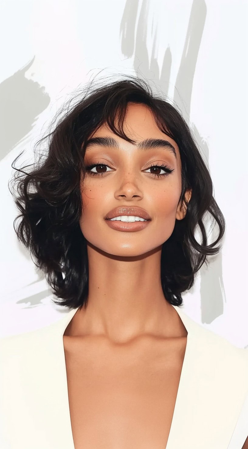 Front view of a woman with a chin-length curly bob and a short micro fringe, styled for volume and bounce.