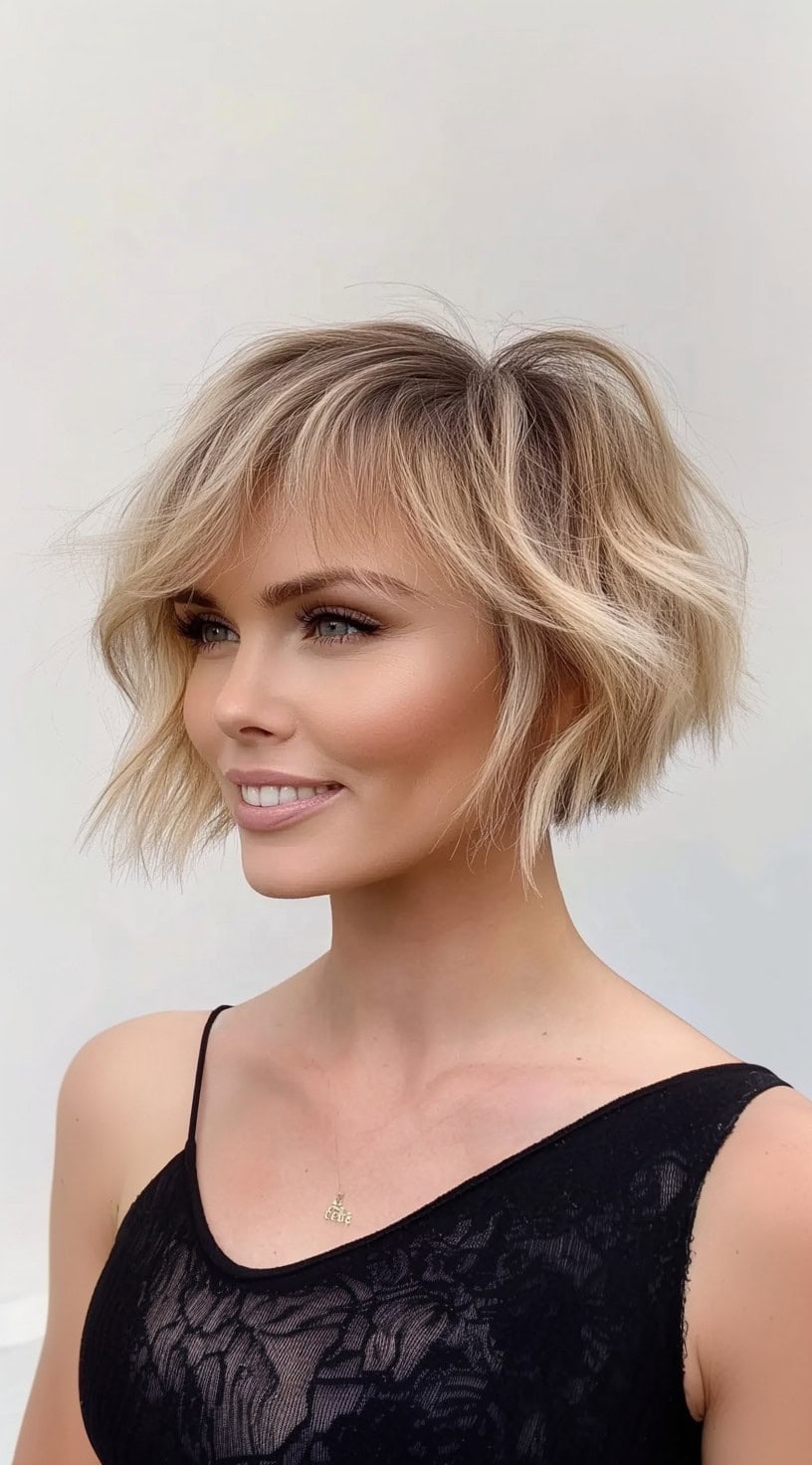 A textured bob with choppy layers, tousled ends, and a light fringe swept slightly to the side.