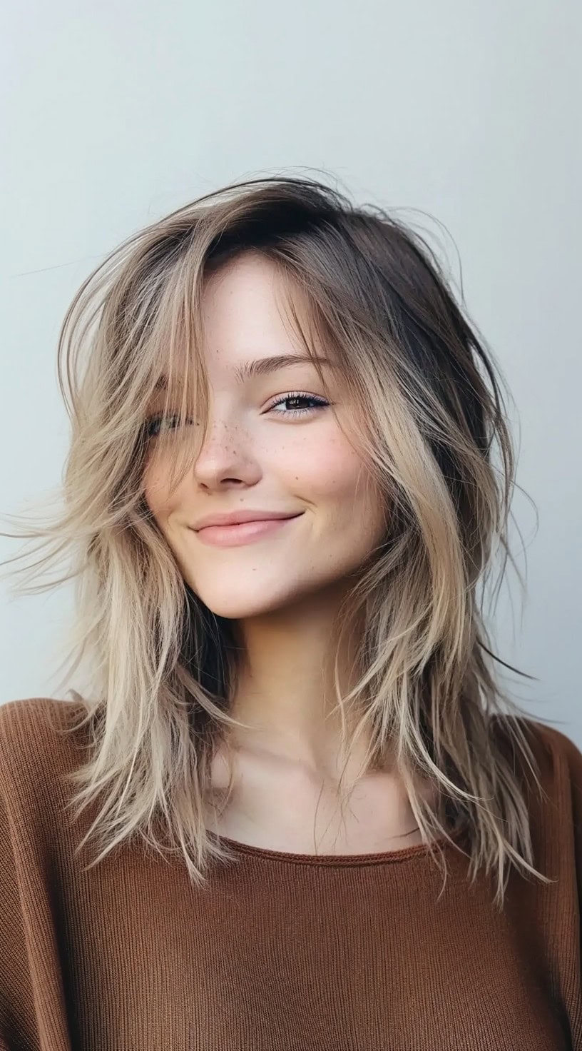 Textured medium-length haircut with layered shag styling and tousled, windswept bangs.