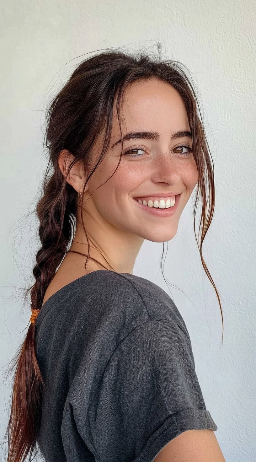 Smiling woman with a single low braid and soft, face-framing strands wearing a casual T-shirt.