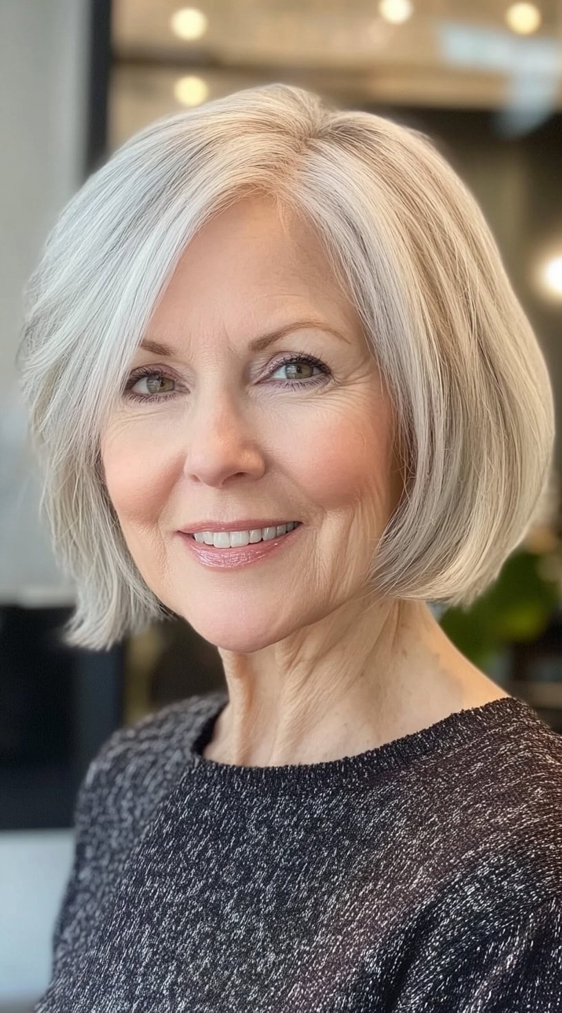 A woman with a sleek, chin-length bob and side part in soft silver-blonde tones, styled for smoothness and volume.