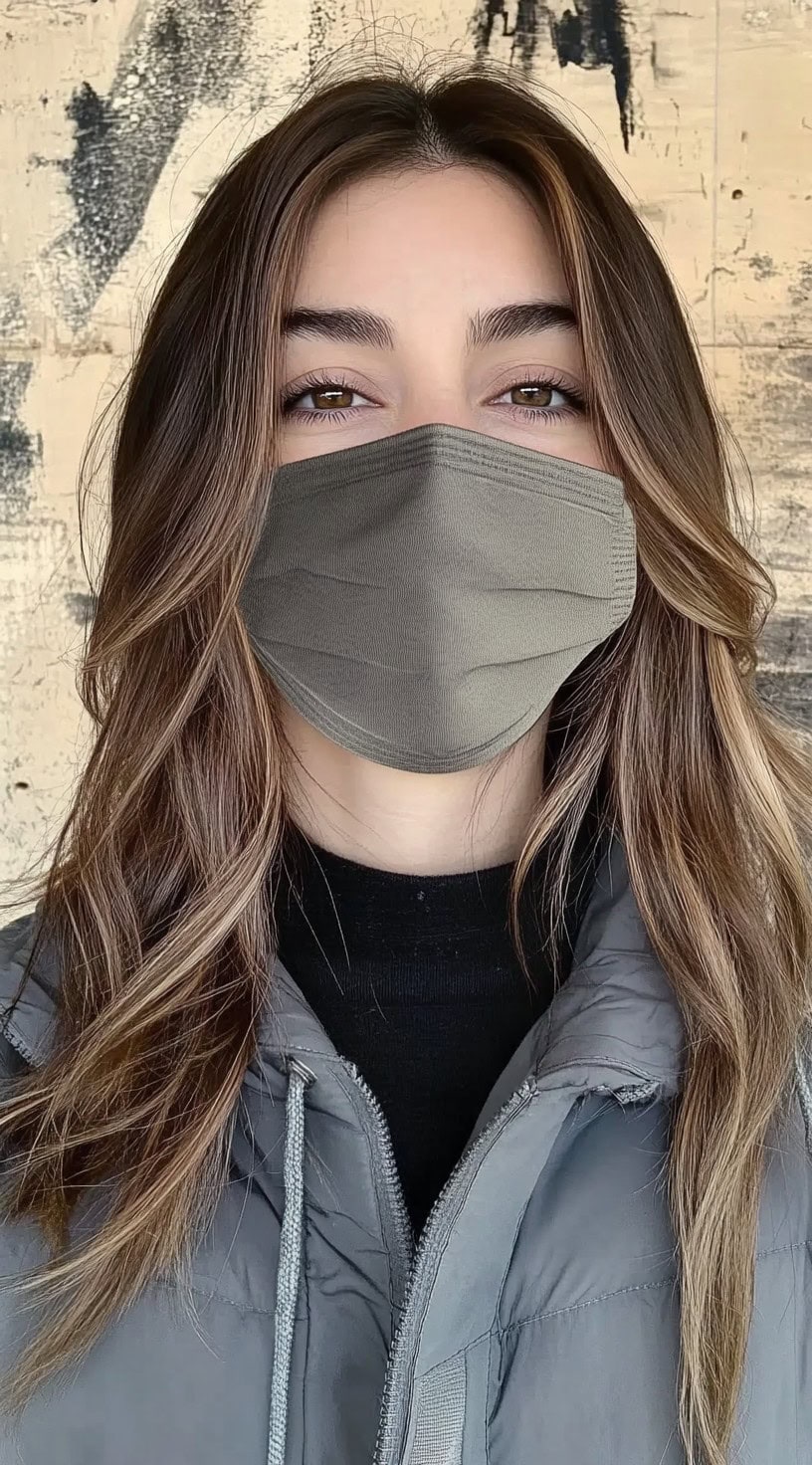 Young woman with long, thin, layered brunette hair wearing a face mask and puffer jacket.