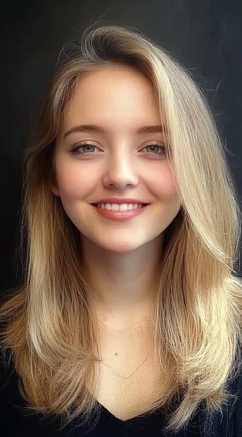 Young woman with soft, feathered blonde hair parted down the middle, styled with inward-curved layers.