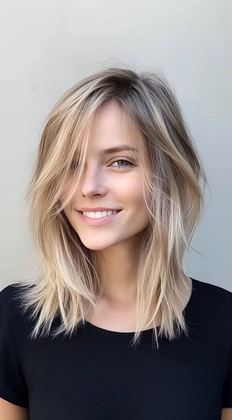 A woman with a bright blonde, shoulder-length feathered lob and long curtain bangs is smiling against a neutral background.