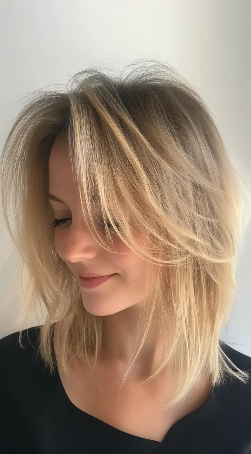 Close-up of a woman with soft, feathered shoulder-length blonde hair and long curtain bangs sweeping over her eyes.