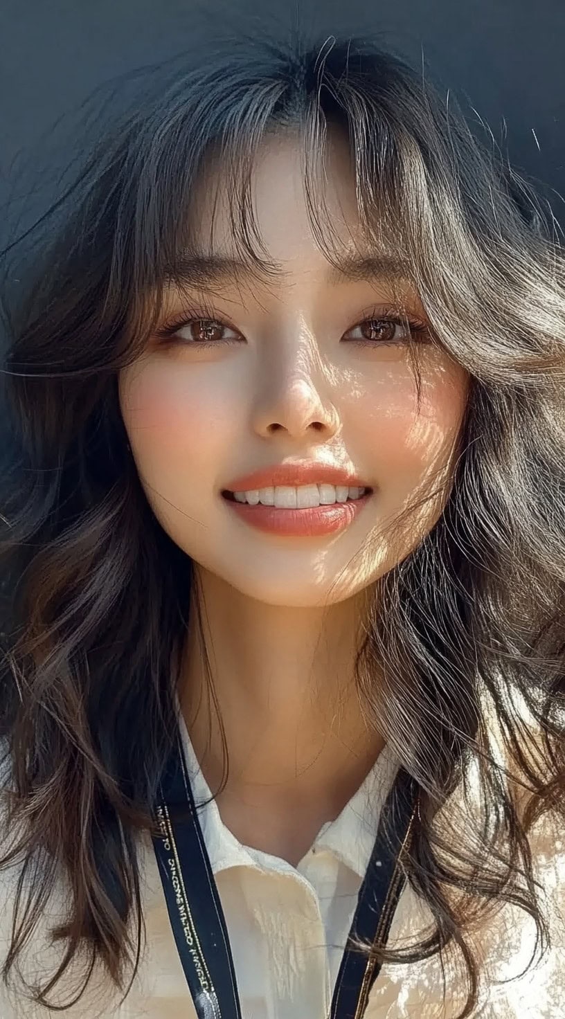 Dark wavy hair styled with soft curtain bangs and bouncy c-shaped layers for a full look.