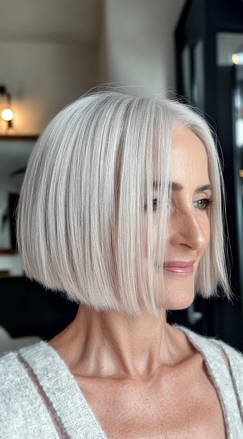 A woman with a sharply cut silver bob styled pin-straight, with ultra-smooth texture and clean ends.