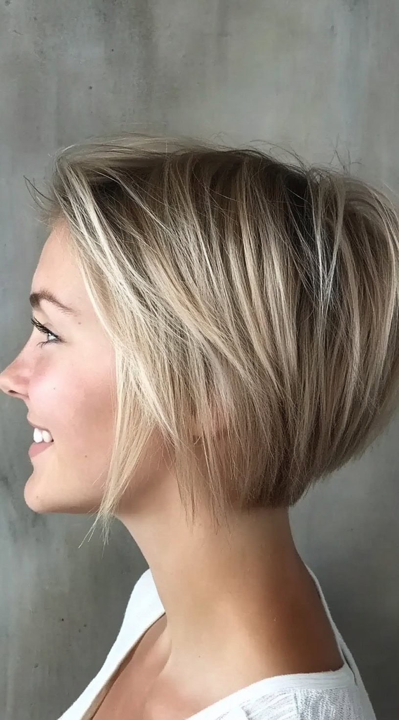 Side profile of a woman with a smooth, graduated bob that's shorter in the back and longer toward the front.
