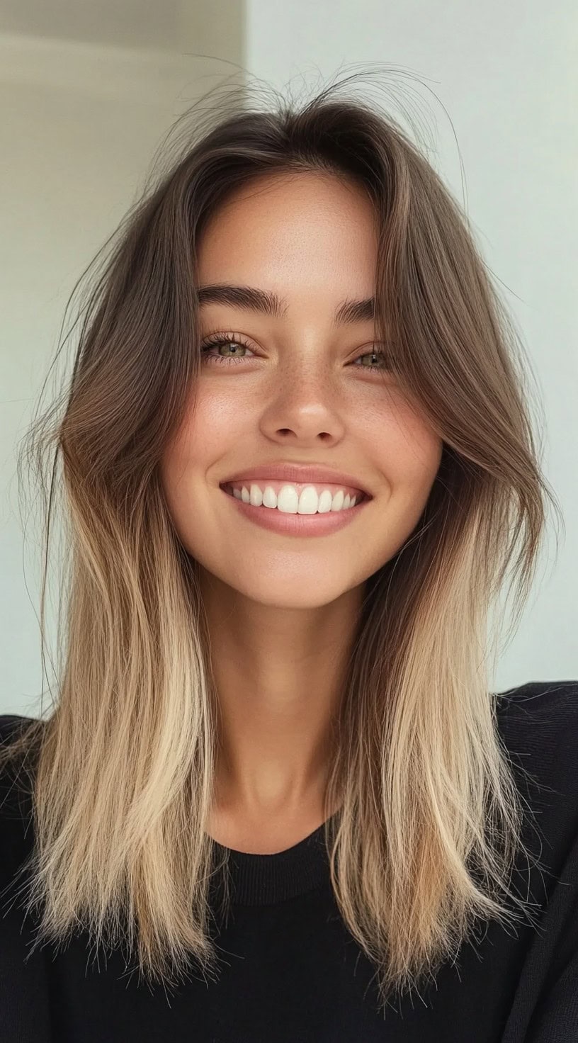 Straight medium-length hair with a soft brunette-to-blonde balayage and subtle long layers.