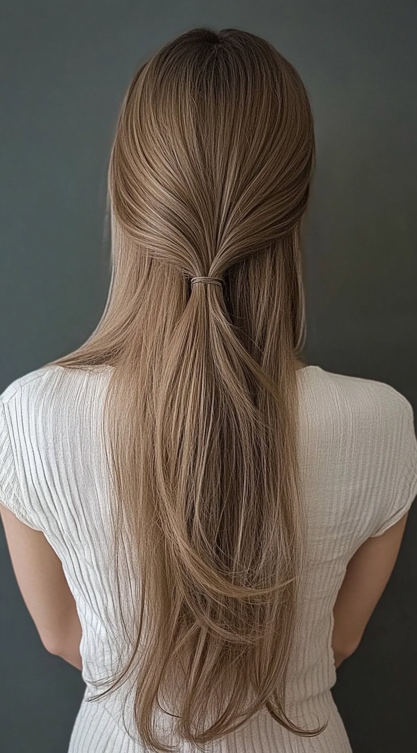 Back view of a woman with sleek, light brown hair in a half-up ponytail showing soft layered ends.
