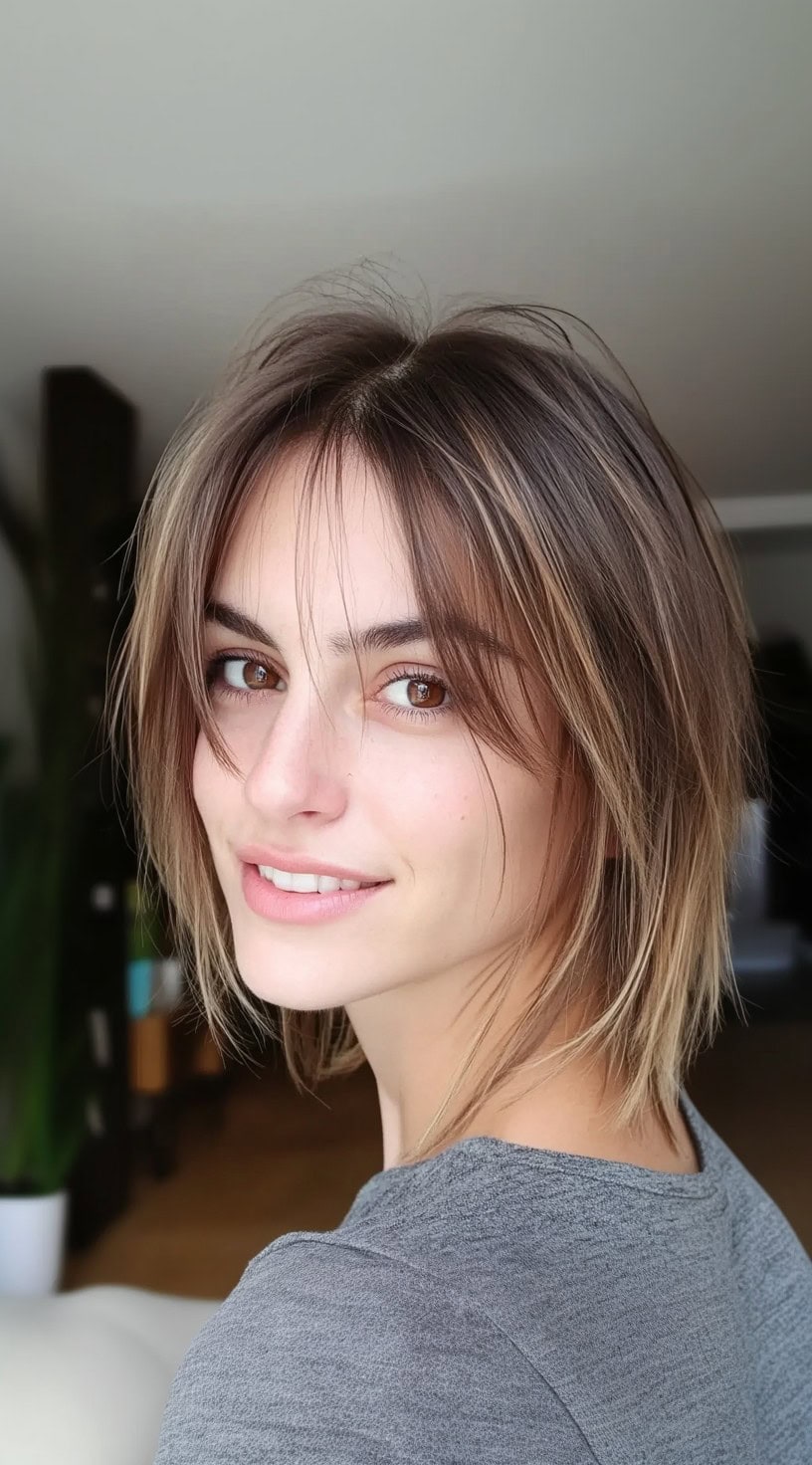 Smiling woman with a short layered bob and soft curtain bangs, styled with natural volume and slight waves.