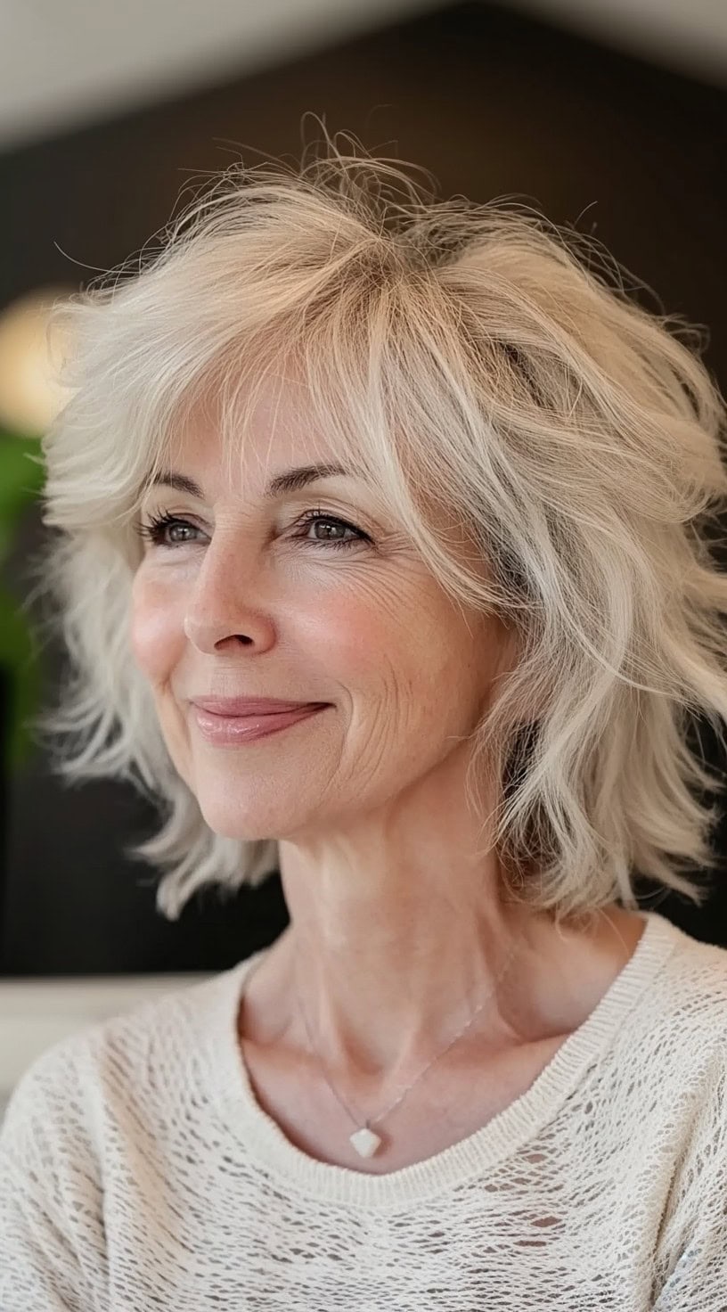 A woman with a tousled, mid-length bob in light blonde, featuring soft layers and airy curtain bangs.