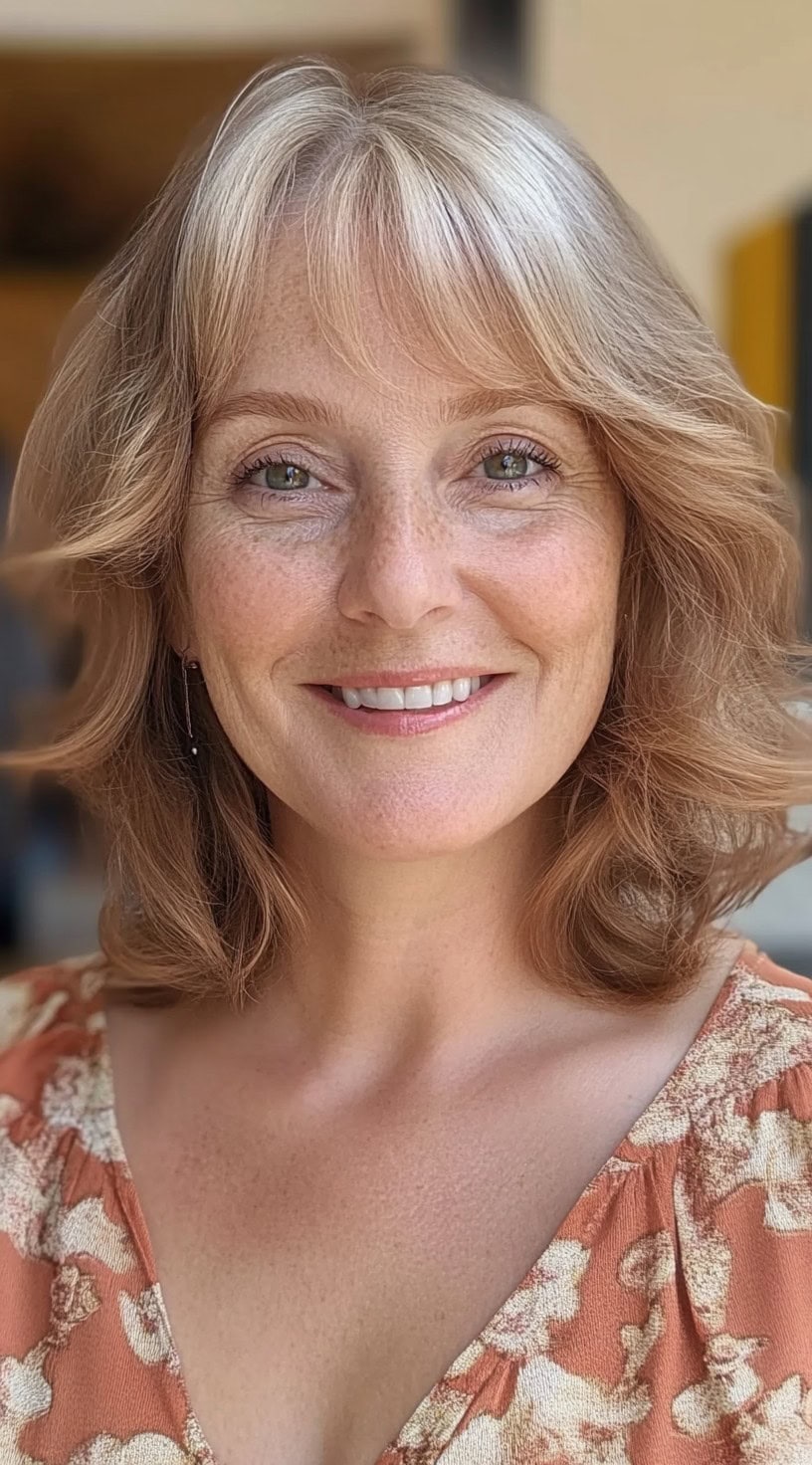 A woman with a long, feathered bob in strawberry blonde with soft curtain bangs and loose waves.