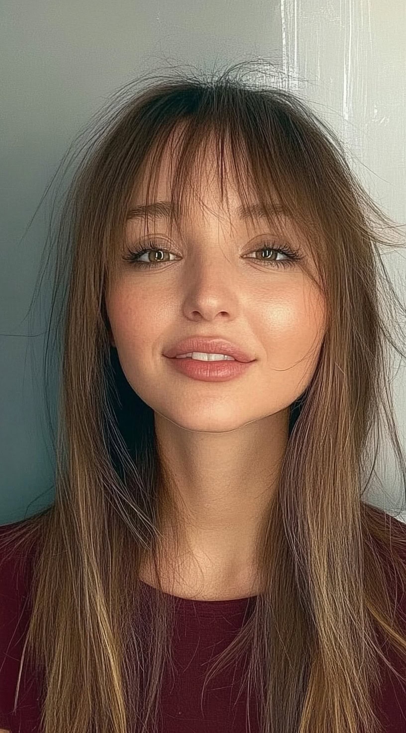 Young woman with long, layered brunette hair and wispy bottleneck bangs styled in soft waves.