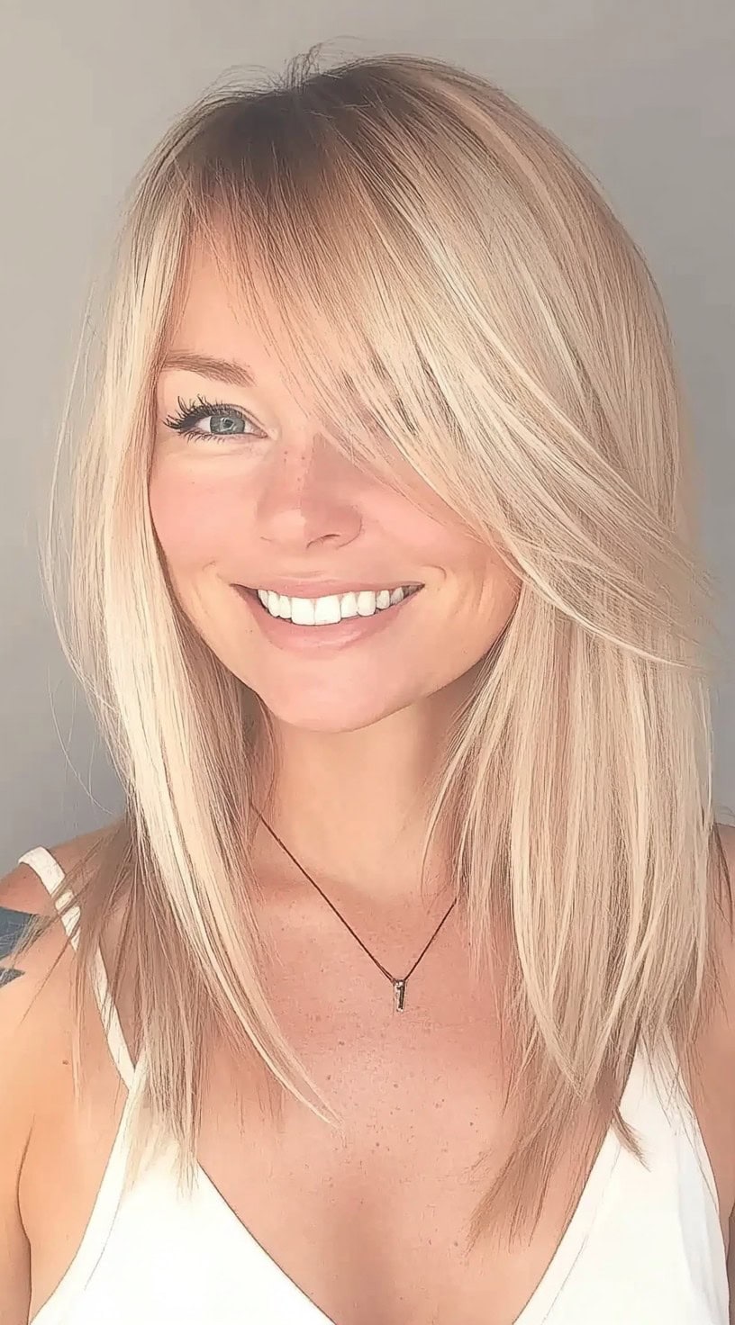 Smiling woman with long, straight, blonde hair styled with face-framing layers and swoopy side bangs for a light, airy effect.