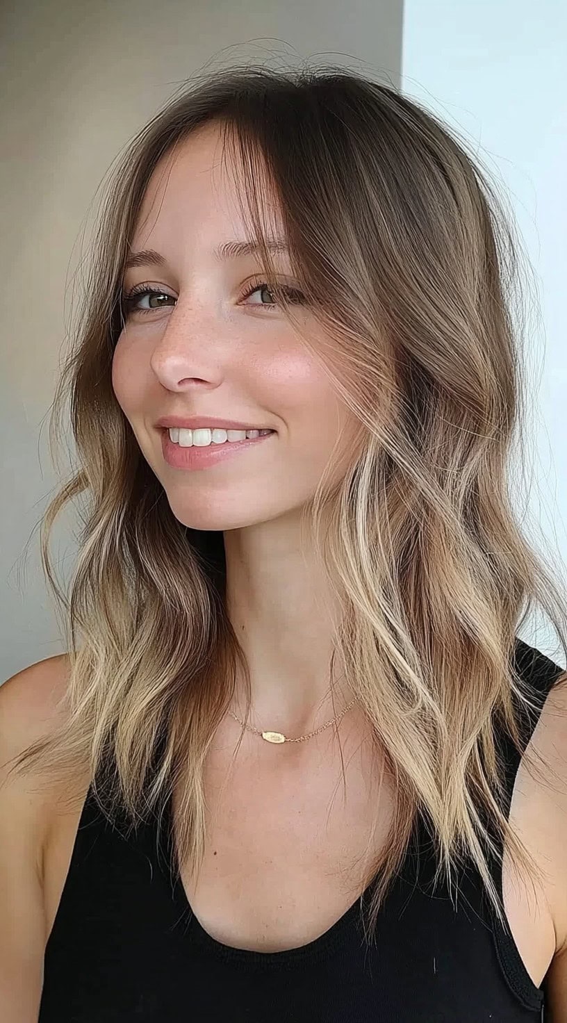 Medium-length soft waves with long curtain bangs on light brown hair with subtle highlights.