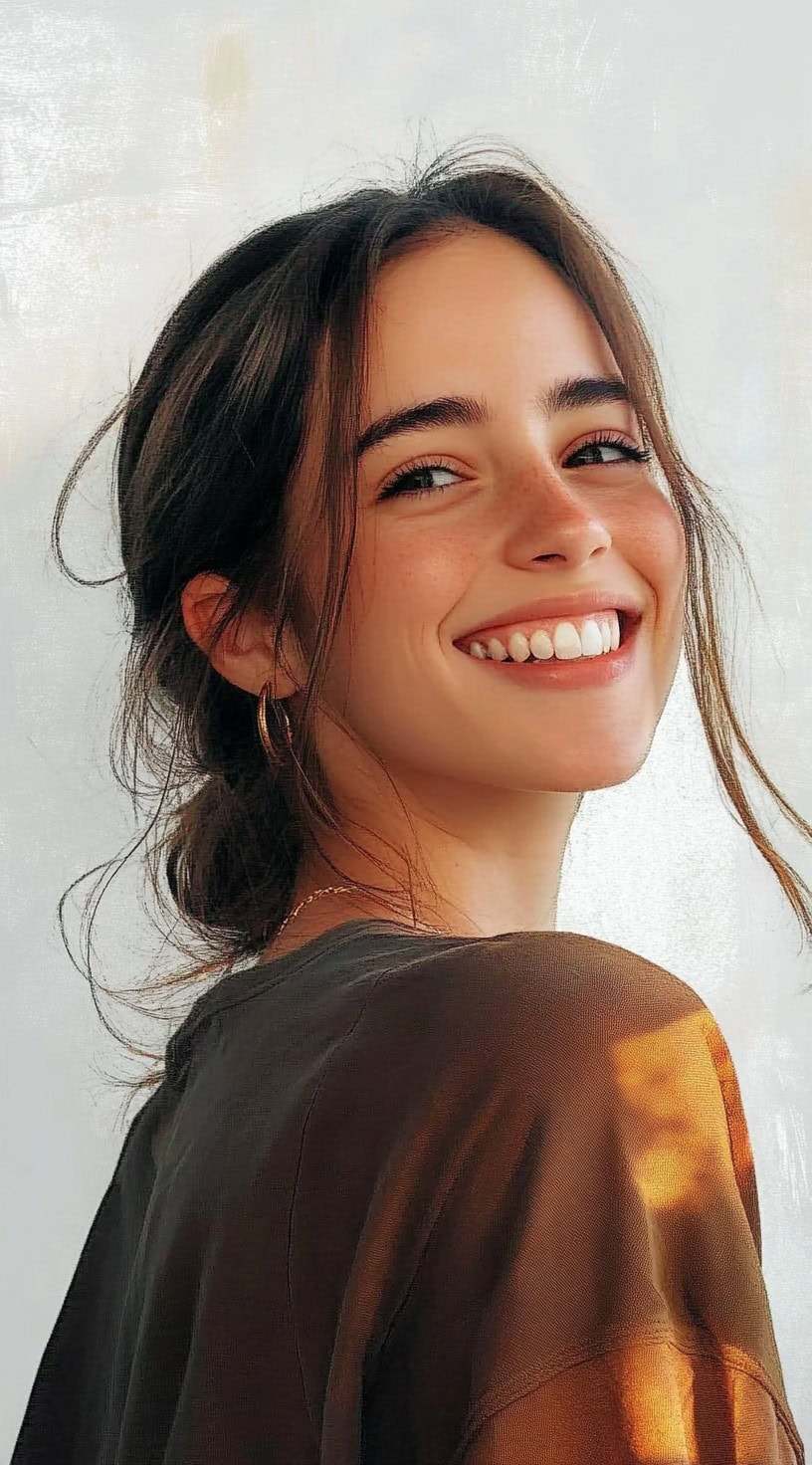 Smiling woman with long brown hair in a relaxed low bun, with soft front pieces framing her face.