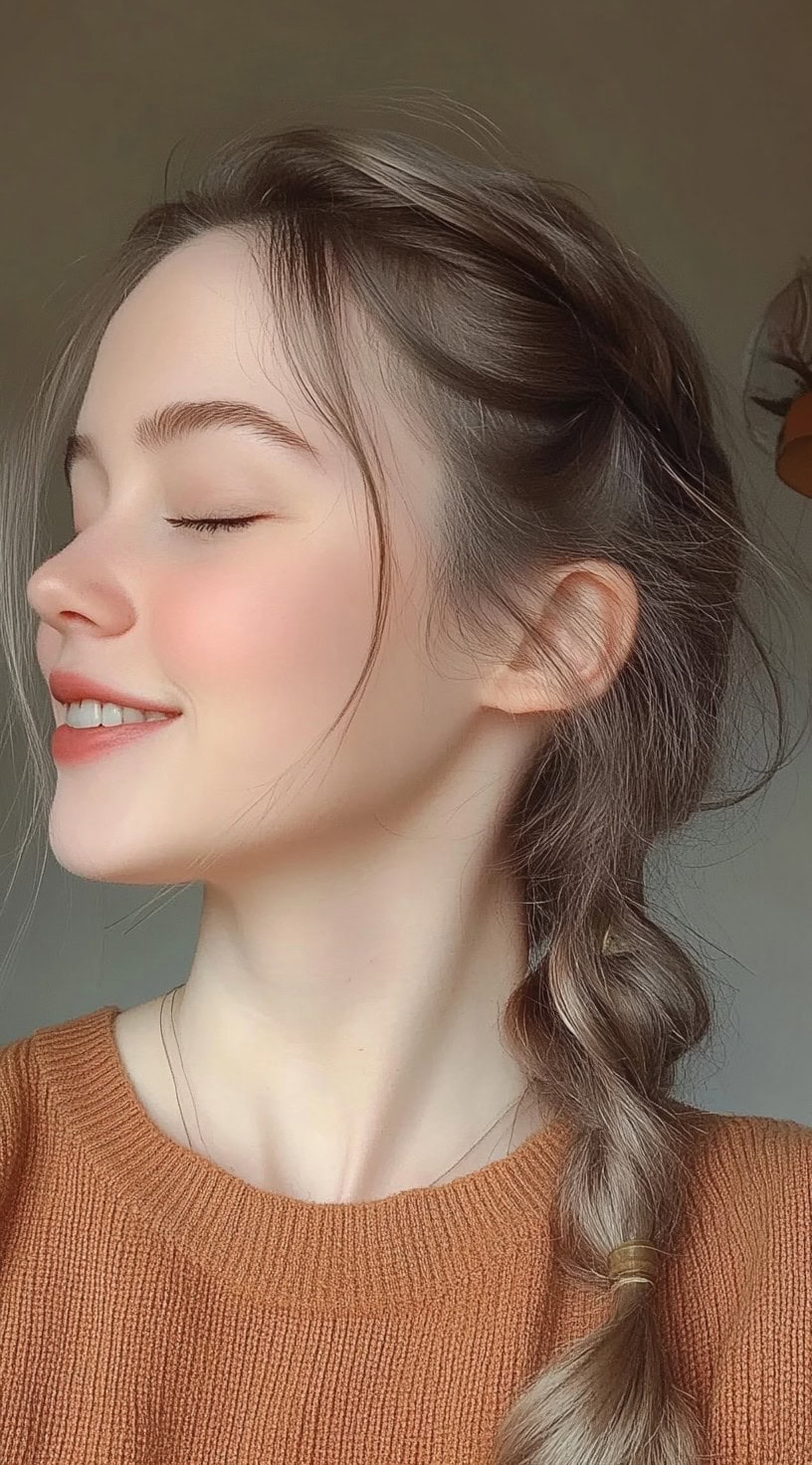 Young woman with a relaxed side braid and soft front tendrils framing her face, eyes closed and smiling.