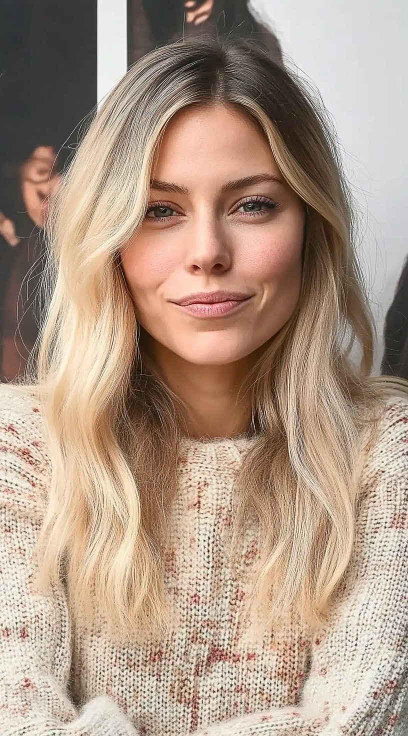 Shoulder-grazing blonde waves styled with a center part and minimal layering.