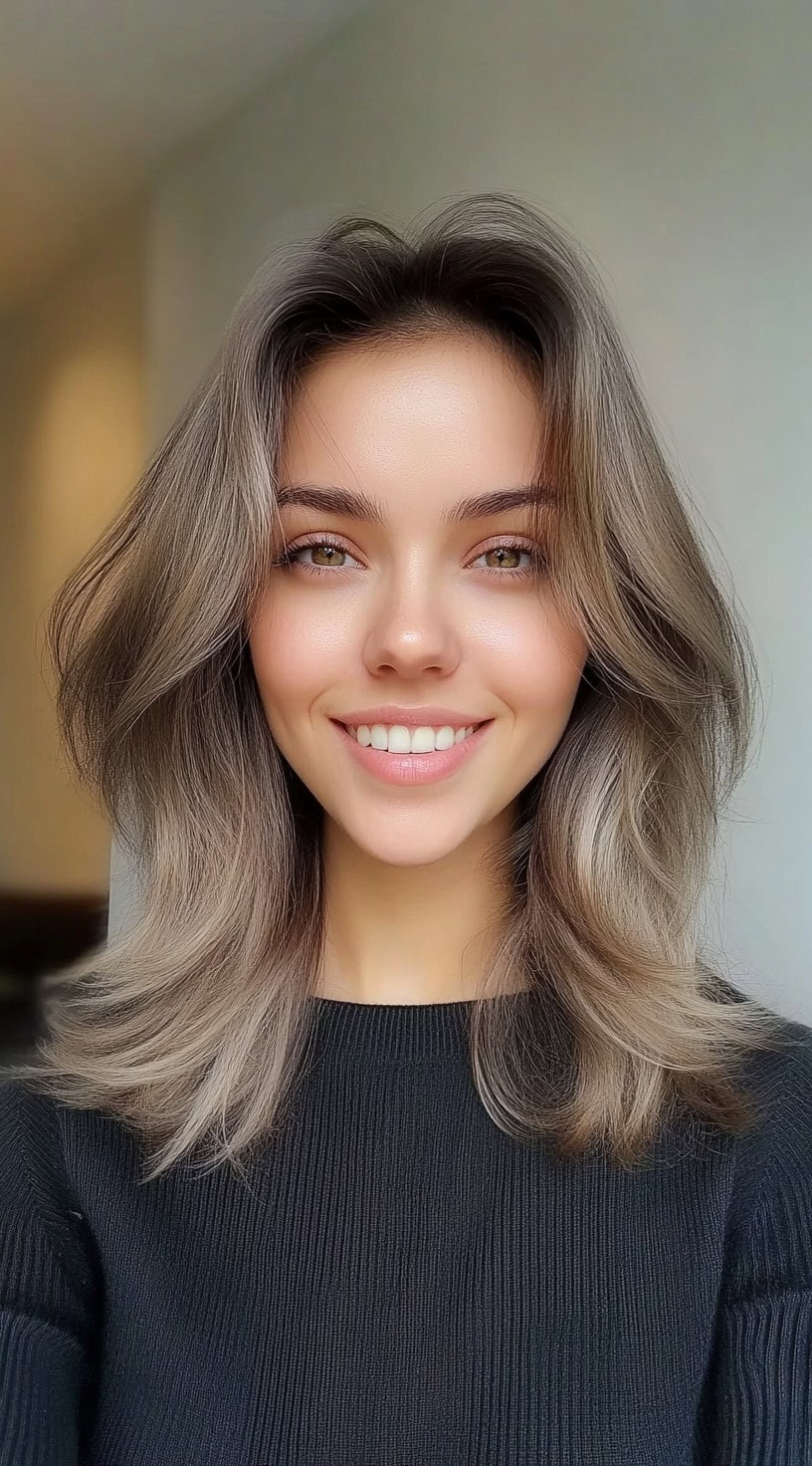 Medium-length ash brown hair with butterfly layers and a voluminous, rounded blowout style.