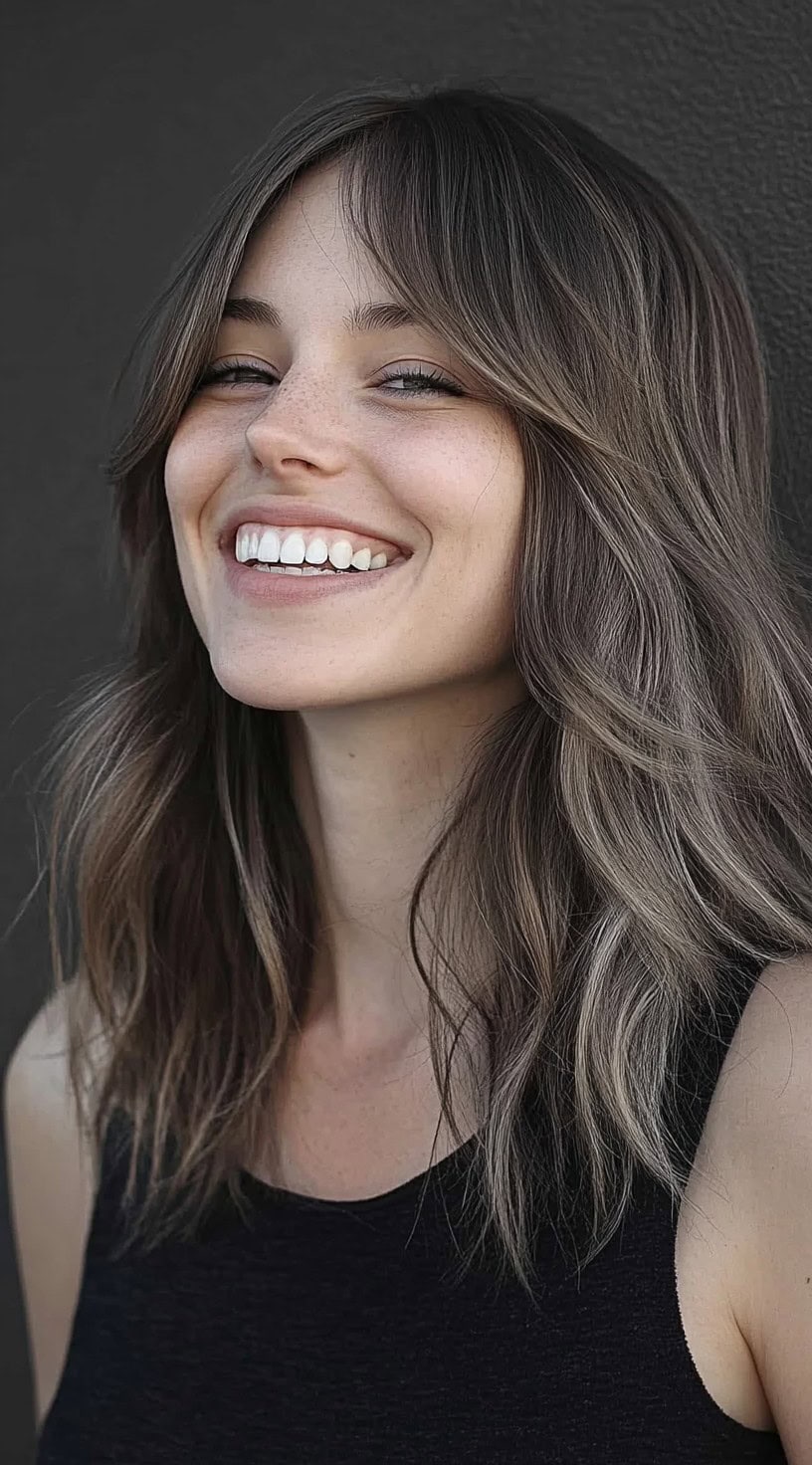Brunette medium-length hair with layered ends and soft bottleneck bangs, styled with loose waves.