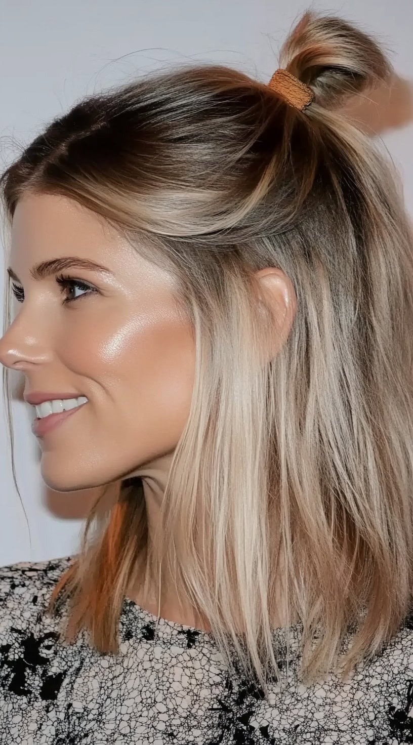 Profile view of a woman with a half-up top knot styled on medium-length blonde hair with subtle layering.