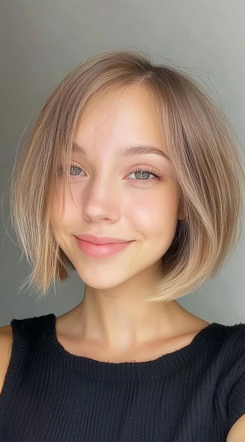 Young woman with a neat, chin-length bob featuring soft tapering at the ends and a clean middle part.