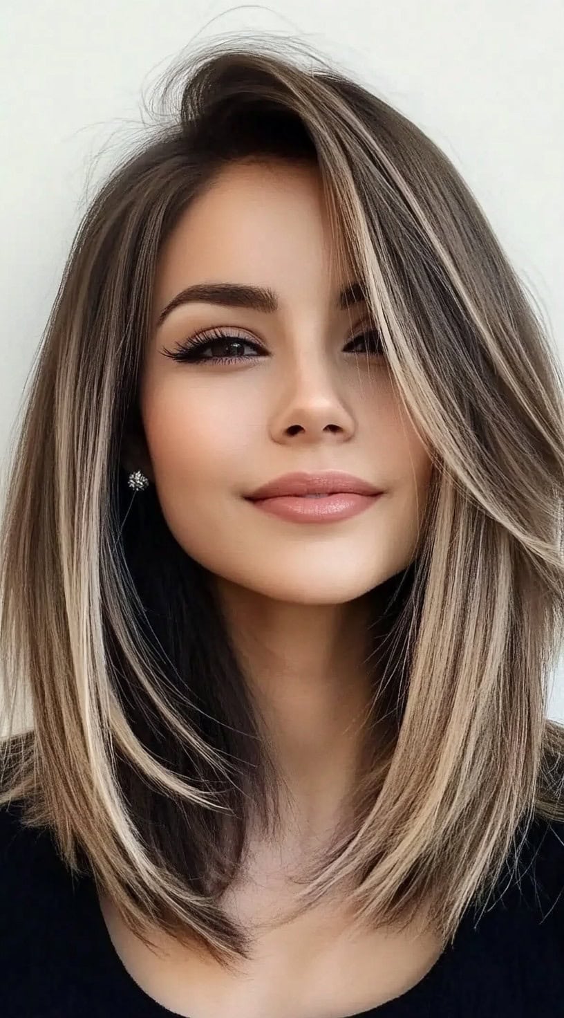 Smooth medium-length lob with sleek layering and a deep, sweeping side part.