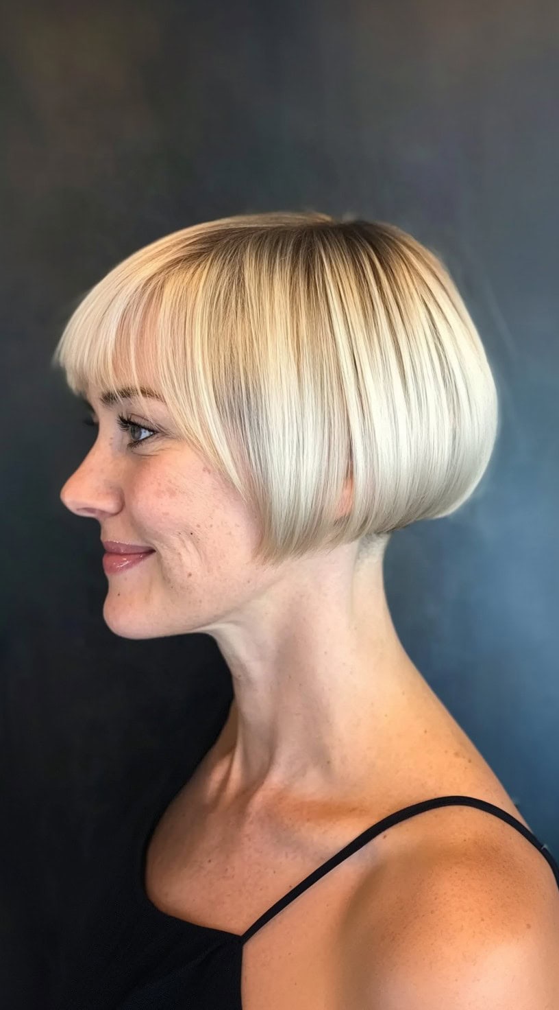 Side profile of a woman with a stacked bob featuring smooth volume at the crown and straight baby bangs.