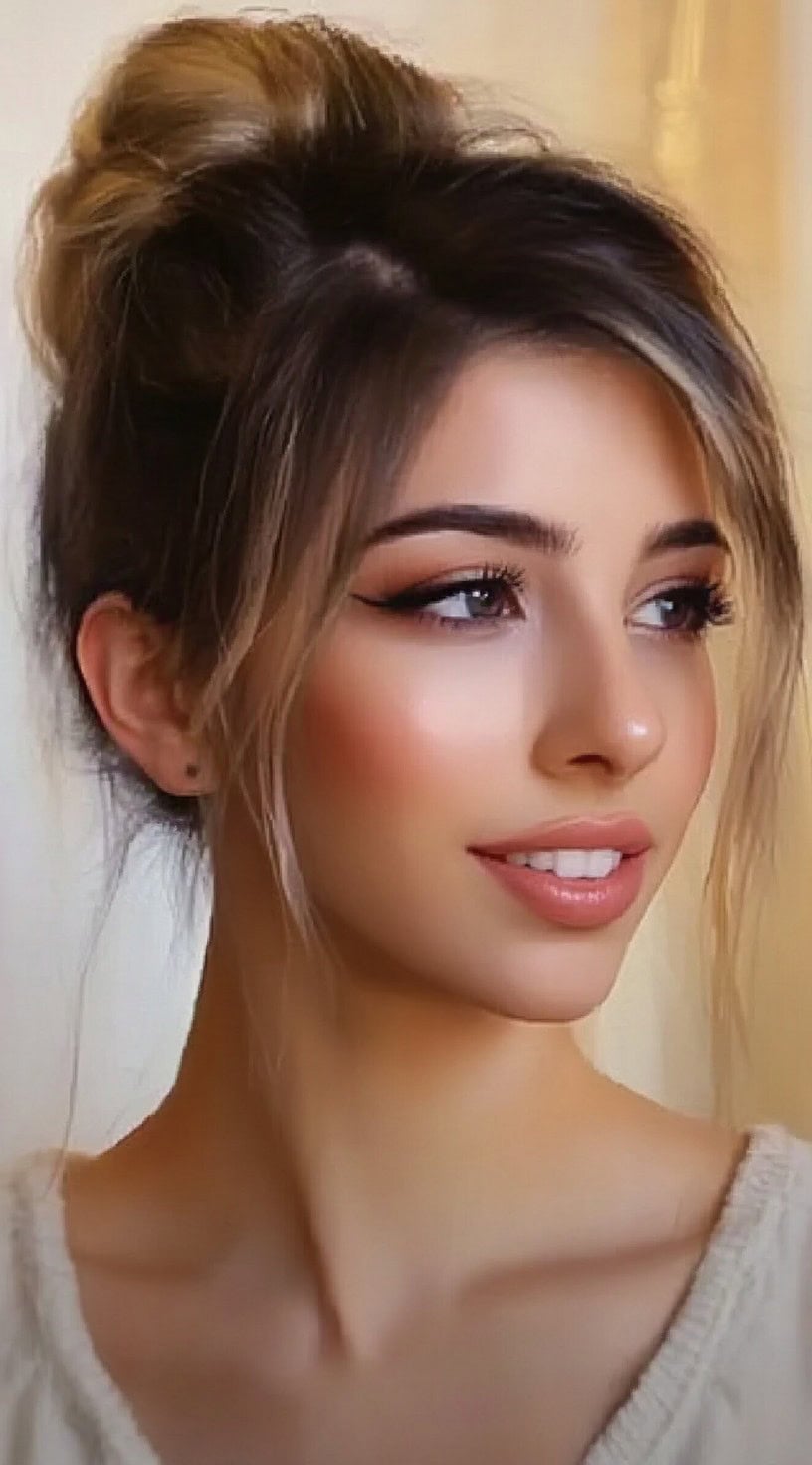 Side profile of a woman with a voluminous updo and soft, face-framing strands left loose for a romantic finish.