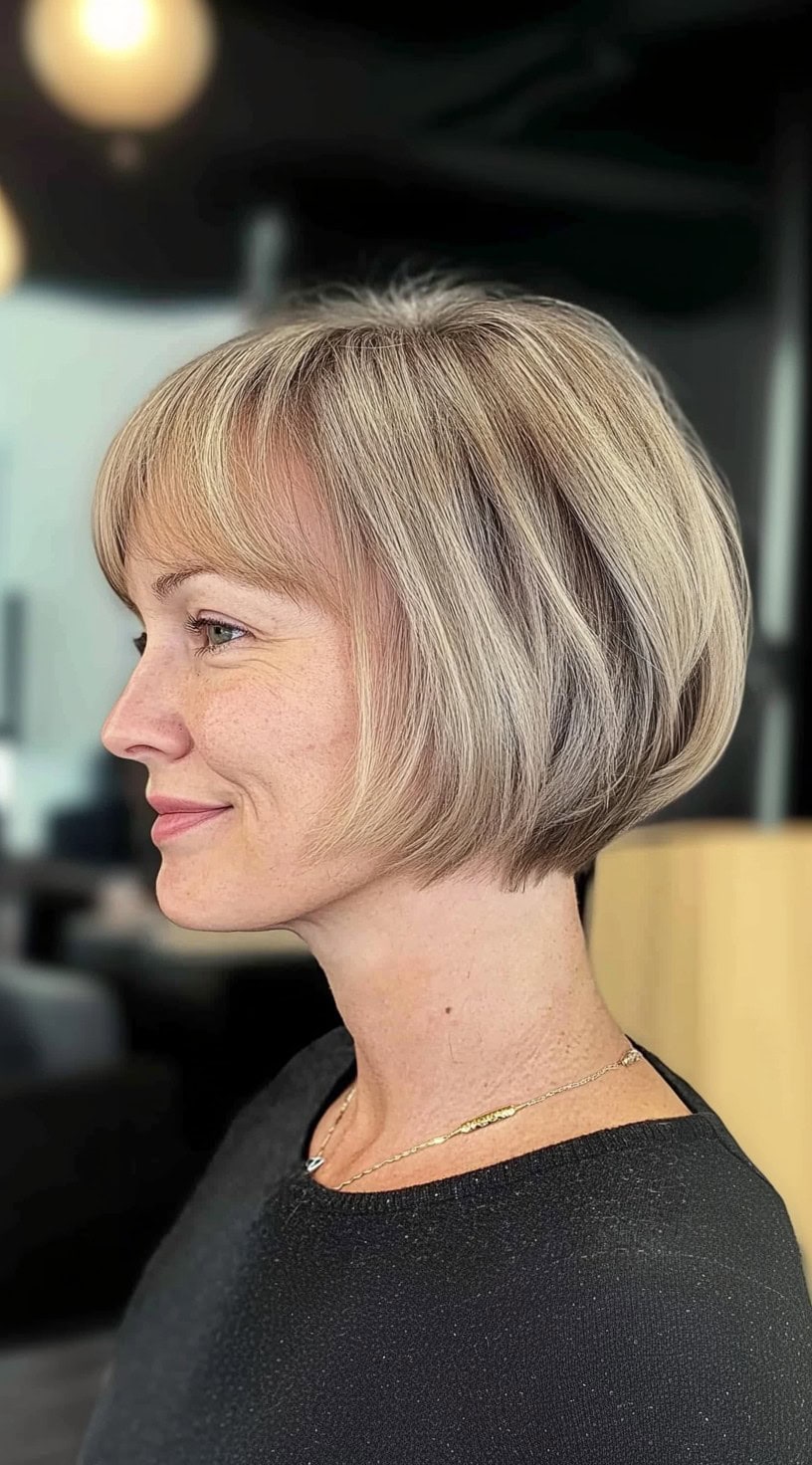 Profile view of a soft rounded bob with volume at the crown and lightly feathered front bangs.