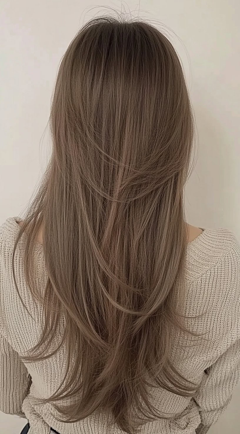 Back view of a woman with long, straight, ashy brown hair styled in subtle, seamless layers.