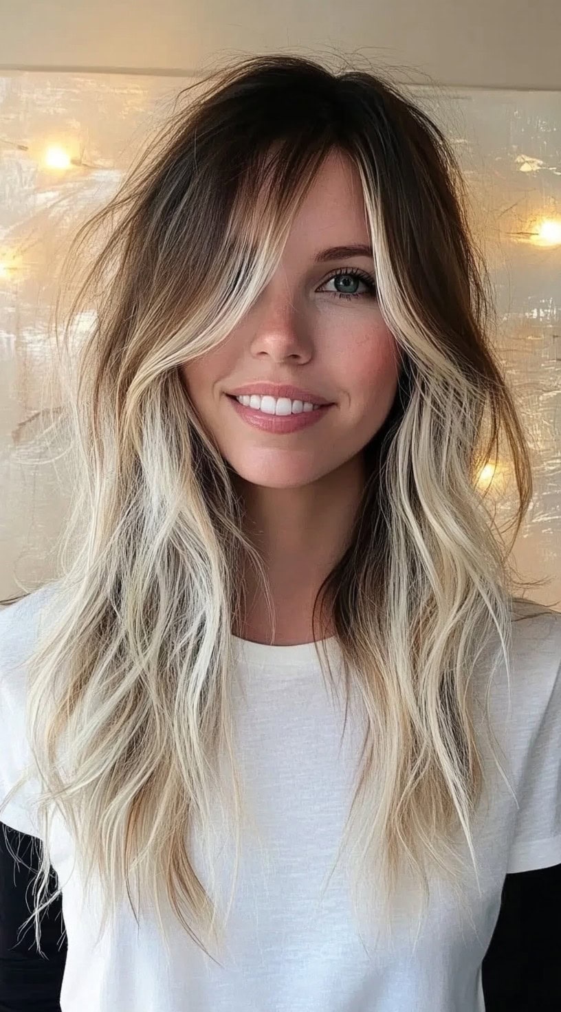 Smiling woman with long, wavy brown hair and bold blonde money piece highlights in a shaggy layered cut.