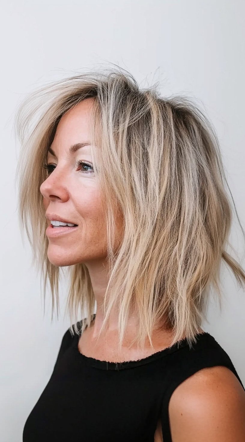 Side view of a woman with a tousled, shoulder-length shag haircut featuring light blonde highlights and choppy layers.