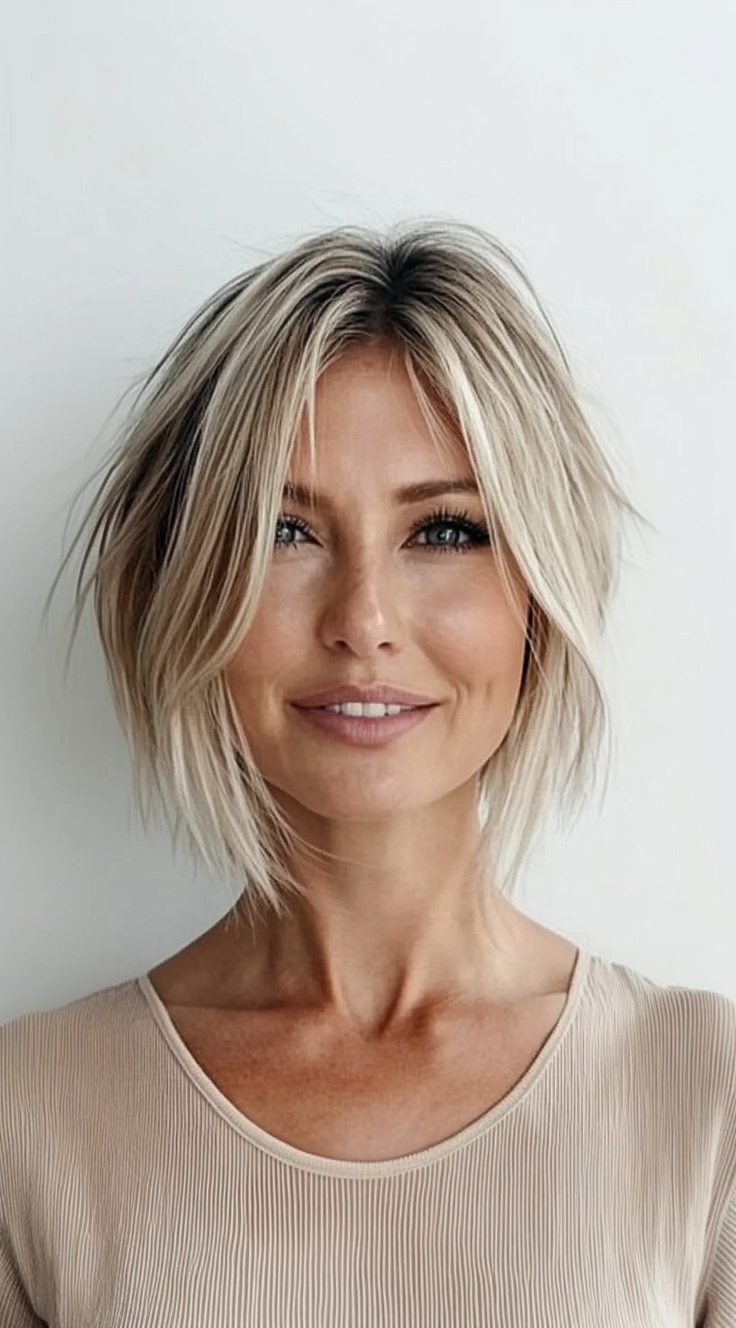 A woman with a tousled, choppy bob in sandy blonde tones with a center part and piecey texture throughout.