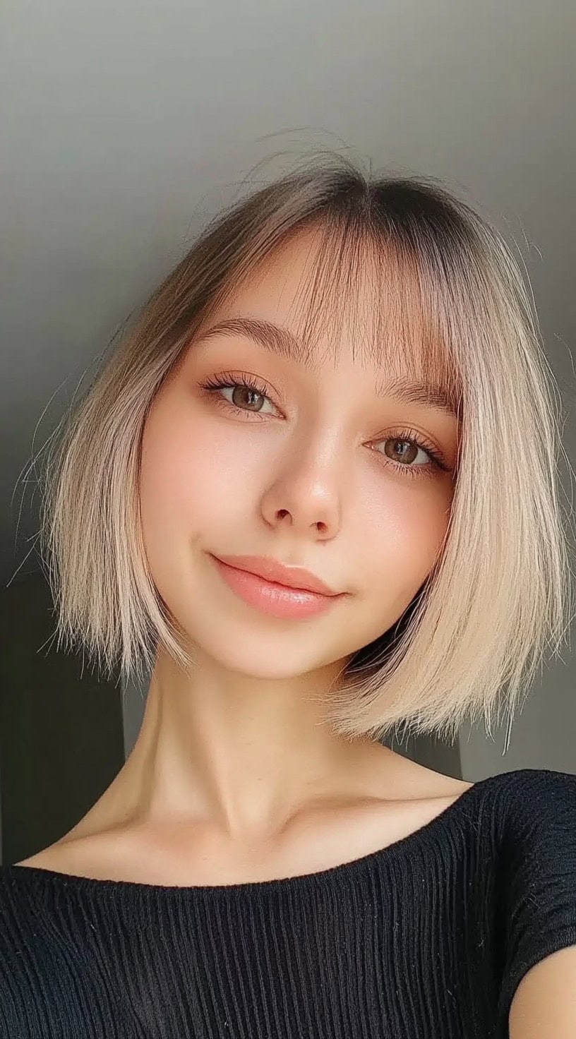 Straight short bob with ultra-light baby bangs and blunt ends, styled in a sleek and smooth finish.