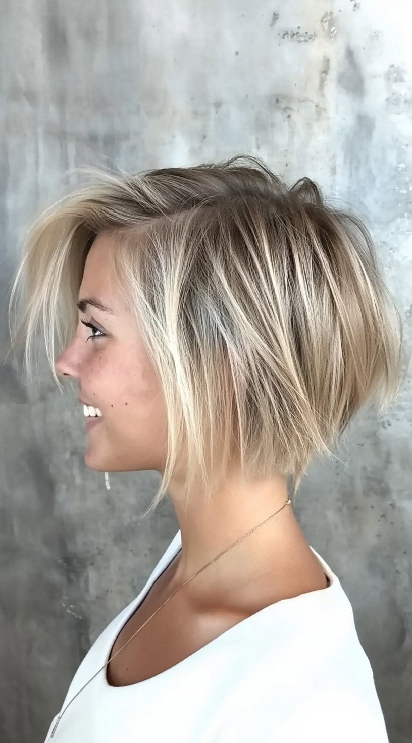 Side profile of a woman with a short, voluminous bob cut that curves slightly toward the chin with soft texture.